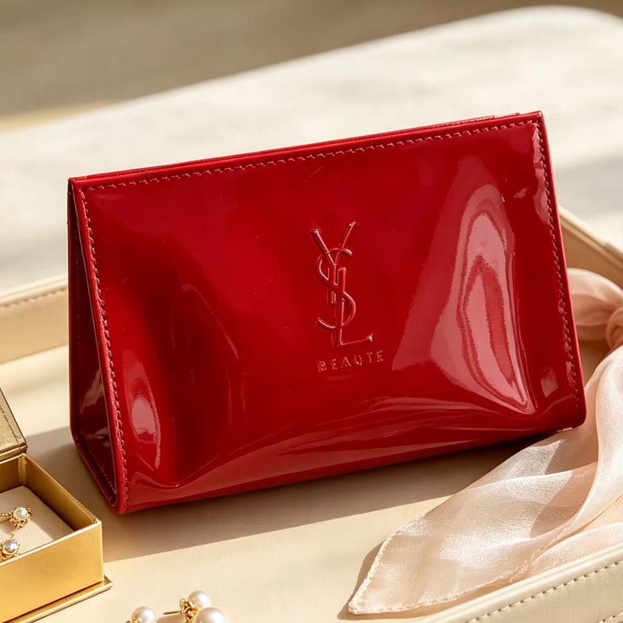 Luxury Skincare And Makeup Brands - YSL Rode Lakleren Cosmetiktas met Gepregeerd